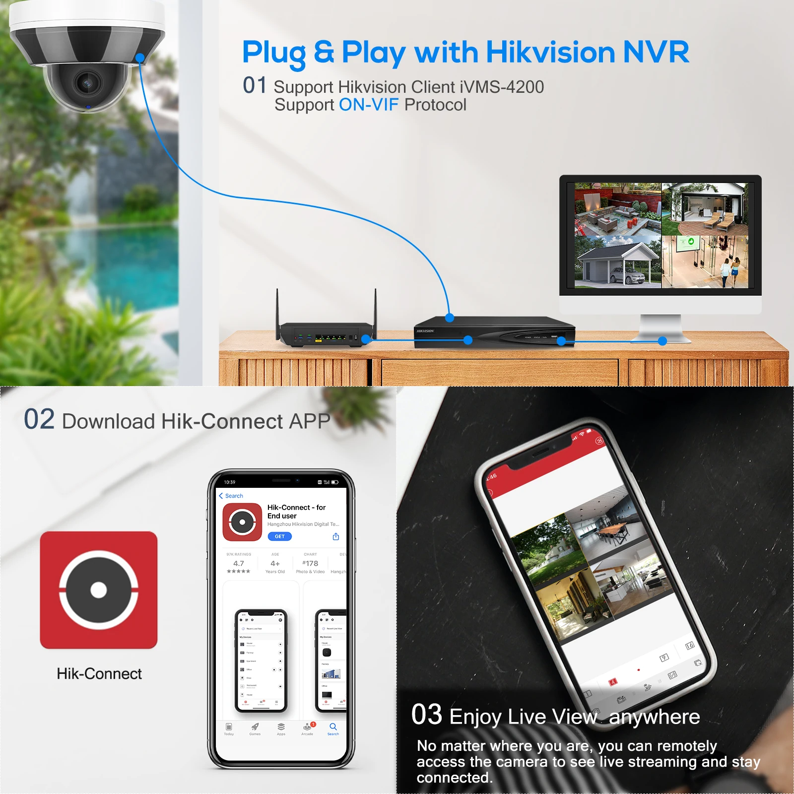 Hikvision Compatible 6MP 3X Zoom HD POE PTZ IP Dome Camera Human & Vehicle Detection Built-in Mic Video Surveillance IP Camera