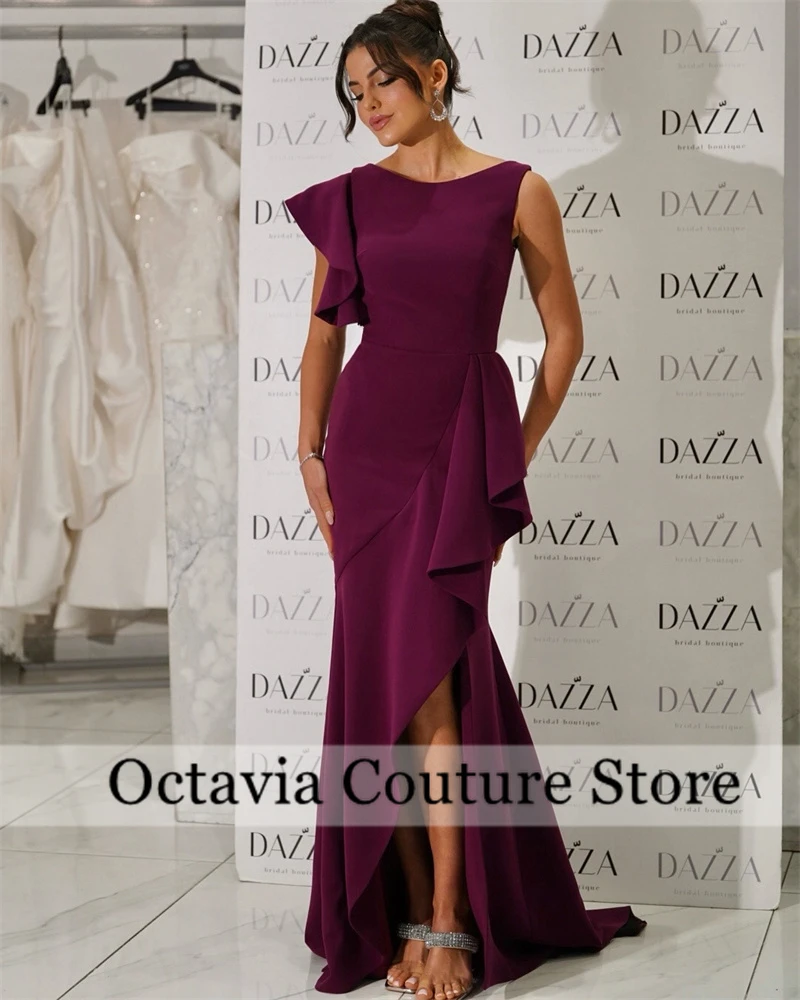 

Customized Round Neck Sheath Evening Dress Long فساتين سهرة Crepe Slit Formal Party Gown robe de soirée with Train