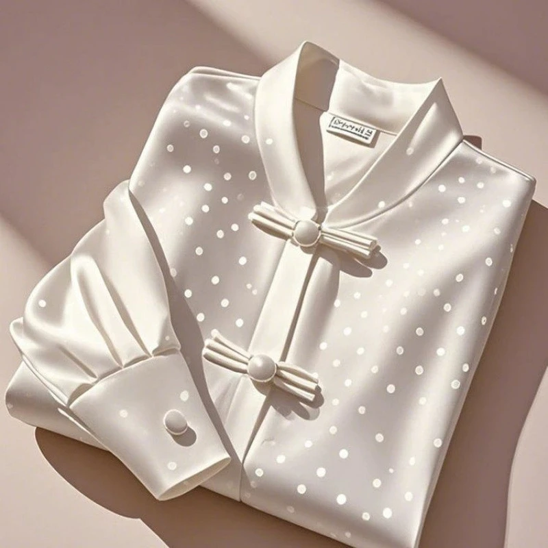 Elegant Retro Women's Long Sleeve Blouse White Polka Dot Vintage Fashion Shirt Top with Knot Buttons Chinese Style 2025 New
