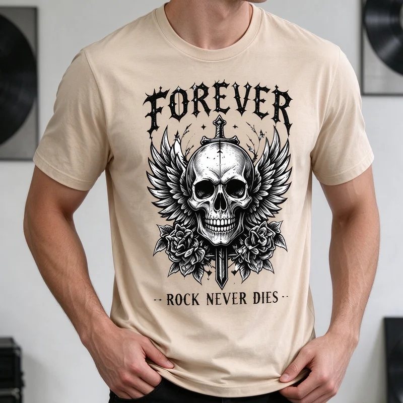Forever Rock T-Shirt Skull Wings Roses Graphic Rock Never Dies Gothic Music Tee Vintage Band Style Casual Harajuku Y2k Top