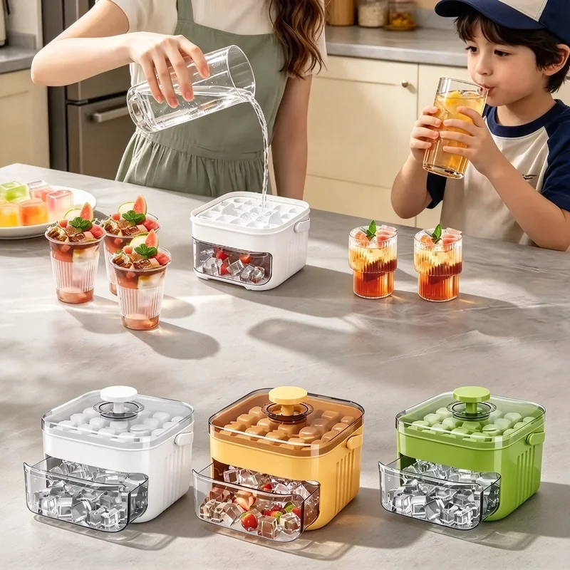 Reusable Double Layer 50-Grid Ice Cube Tray with Lid & Pull-out Storage Drawer, Ice Mold for Cocktails & Home Drinks