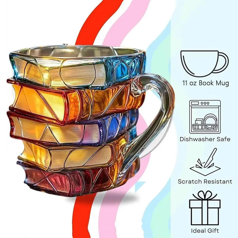 Valentine's Day Book Lover Mug, 3D Painted Books Stack Coffee Cup 11oz, Unique Colorful Resin Gift for Readers