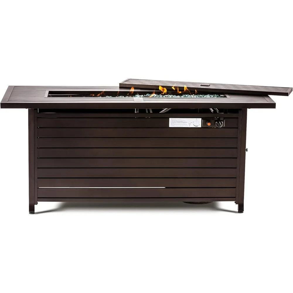 

57 Inch Gas Fire Pit Table Outdoor Propane Fire Pit Table, 50000BTU Fire Table with Lid Outdoor, Retangular Bronze Firepit Table