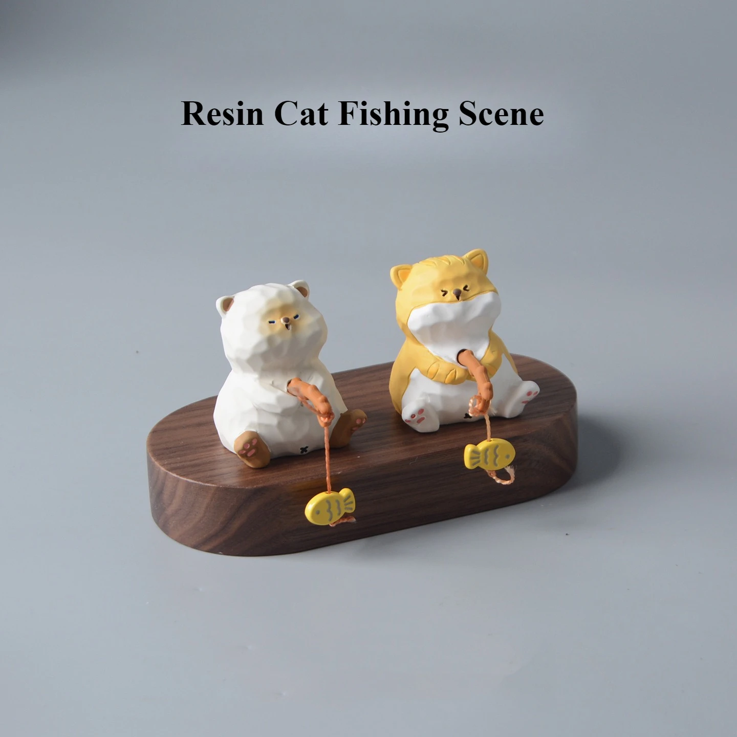

Cute Cartoon Resin Cat Fishing Scene Wooden Carving Base Desk Accessories For Home Decoration book nook Figurine Holiday gifts