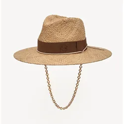 Sombrero Fedora de paja con correa de cadena para mujer, sombreros de playa adornados con cadena, sombreros de sol tejidos de paja, vacaciones de verano, sombrero de Panamá