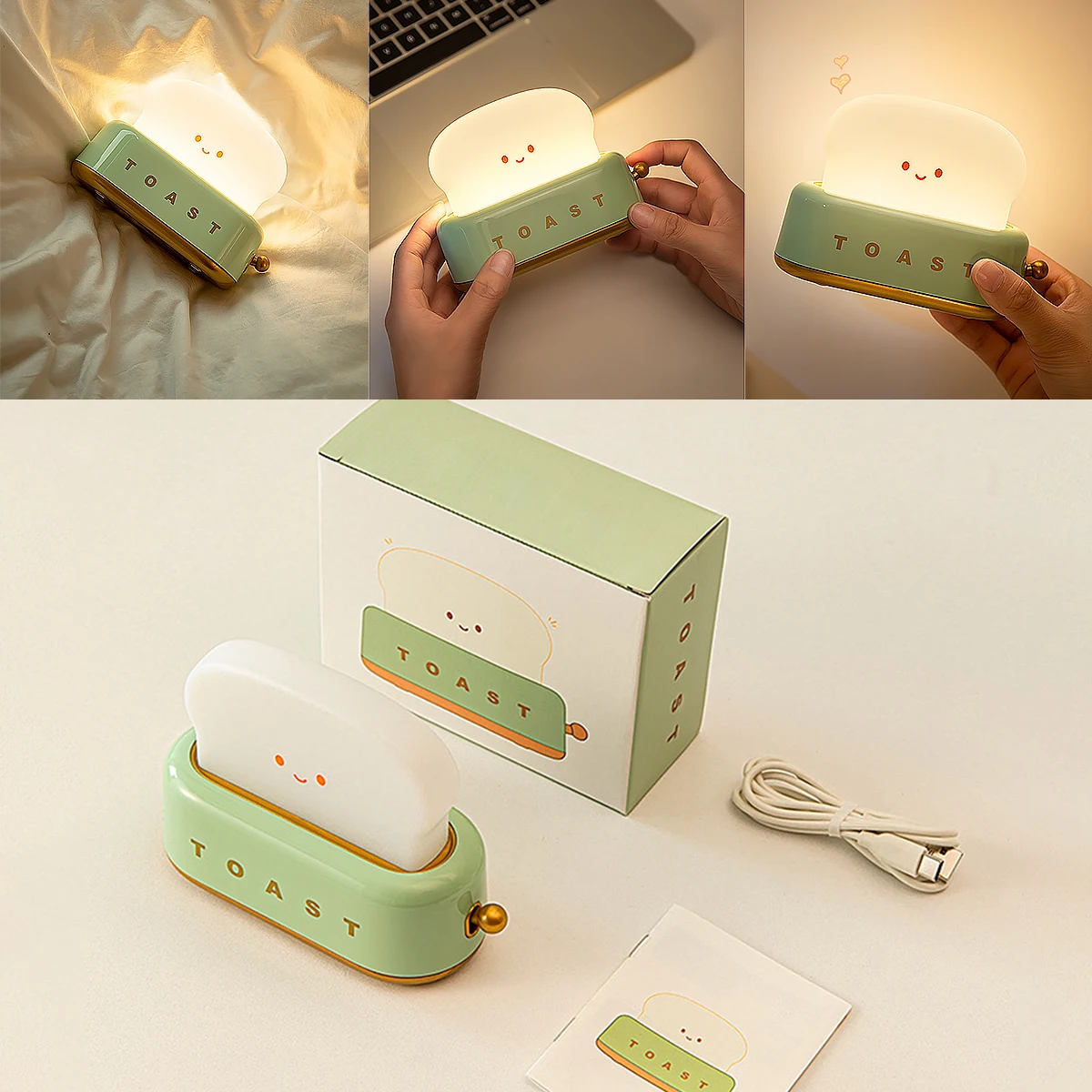 Toast Night Light Cute Bread LED Night Lamp Creative USB Charging Portable Bedroom Sleep Light Timer e dimmerabile