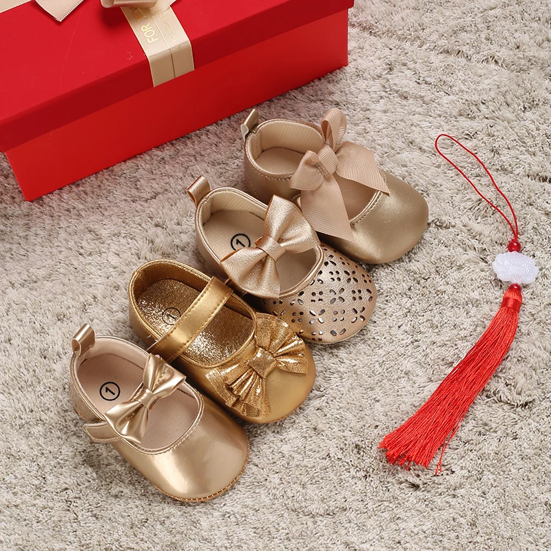 

0-18M Cute Spring Newborn Golden Baby Shoes Non Slip Cloth Bottom Girl Shoes Elegant Breathable Casual Baby First Walking Shoes