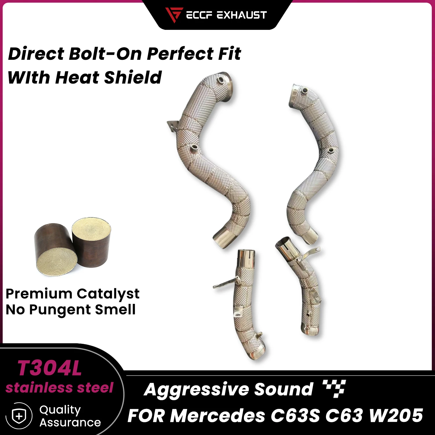 

Sporty Downpipe With Heat Shield For Mercedes C63S C63 W205 Aggressive Exhaust Sound High Flow Easy Installation