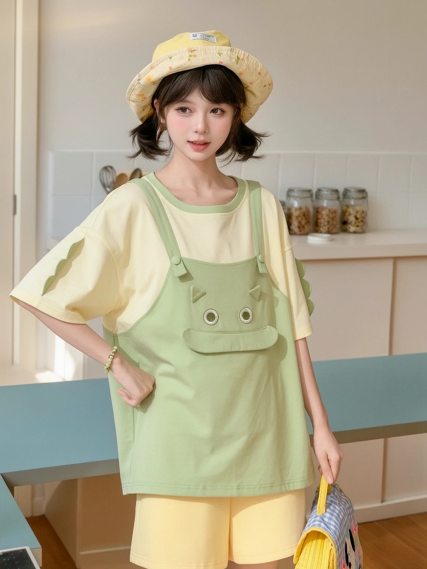 Sweet Style Loose Shoulder Short Sleeve T-Shirt Women's New 2026 Color Block Design Casual Cotton Polyester Blend Top