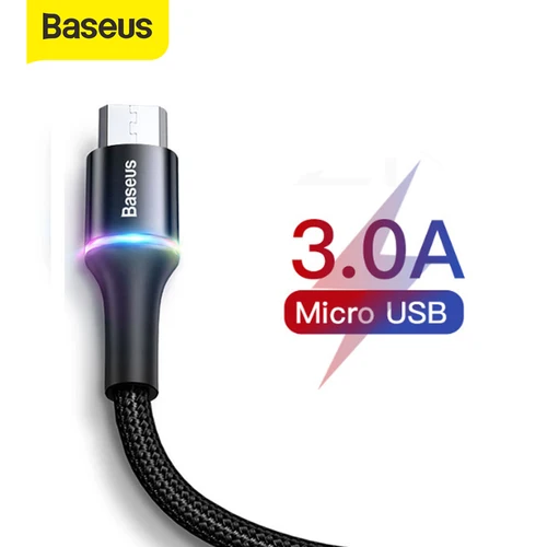 Baseus-LED 조명 마이크로 USB 3A 고속 충전 케이블, 삼성 샤오미 안드로이드 휴대 전화 와이어 코드 