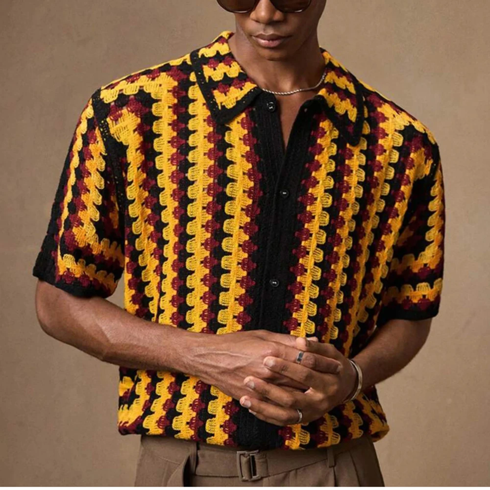 Men's Contrast Striped Hollow Short-Sleeved Shirt American Retro Fashion Trend Loose Casual Breathable Niche Summer Men's Tops