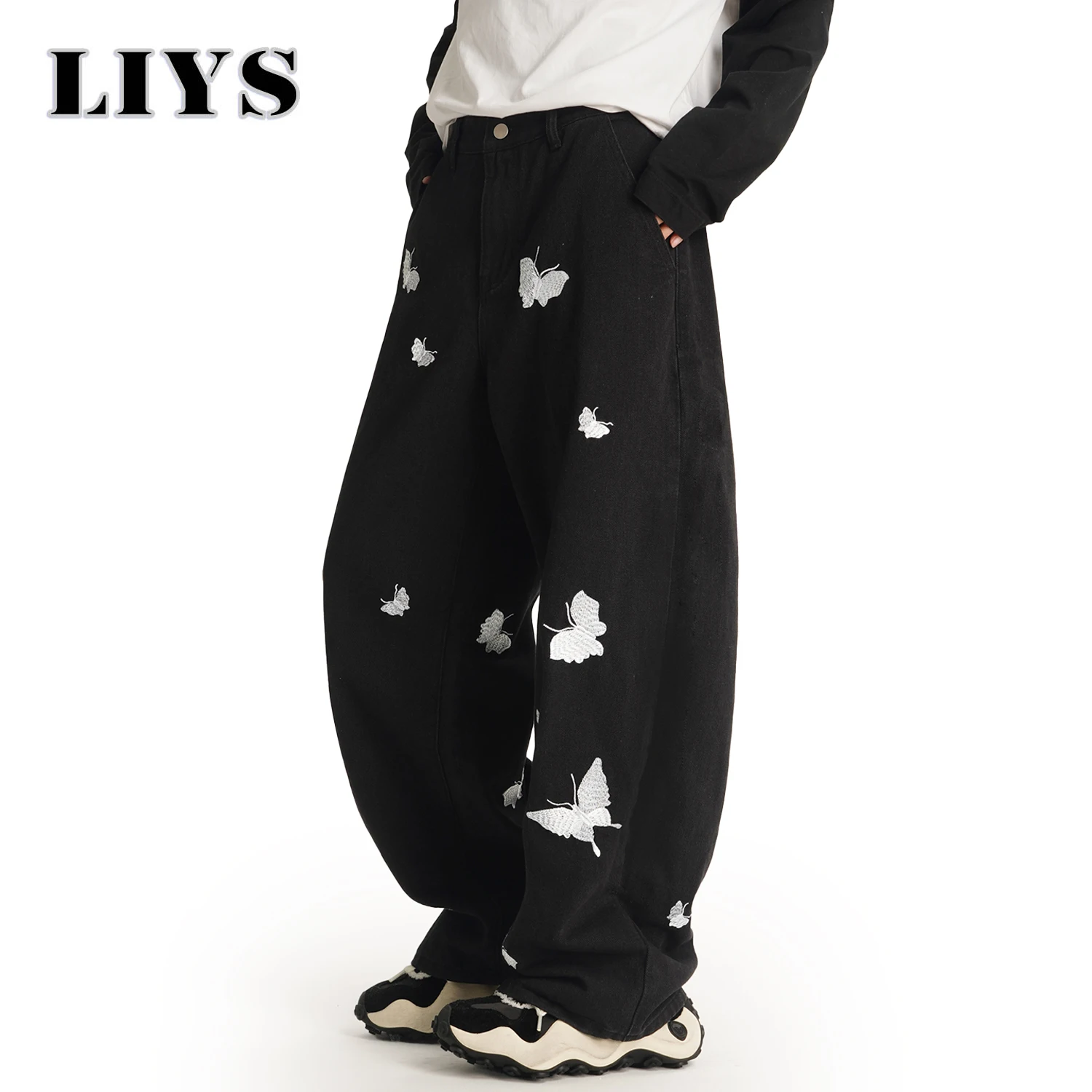 الكورية السوداء عارضة Y2K فضفاض واسعة الساق الرجال الجينز الأمريكية الرجعية فراشة التطريز فضفاض المتخصصة تصميم للجنسين الدنيم السراويل