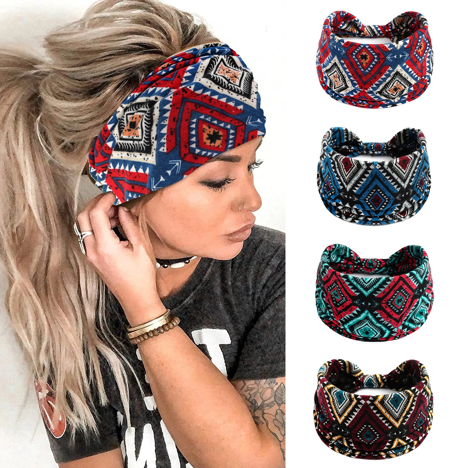 Wide Boho Headbands for Women Girls Elastic Turban Headwrap Knot Non-Slip Hairbands Sport Yoga Running Headband Hair Accessories