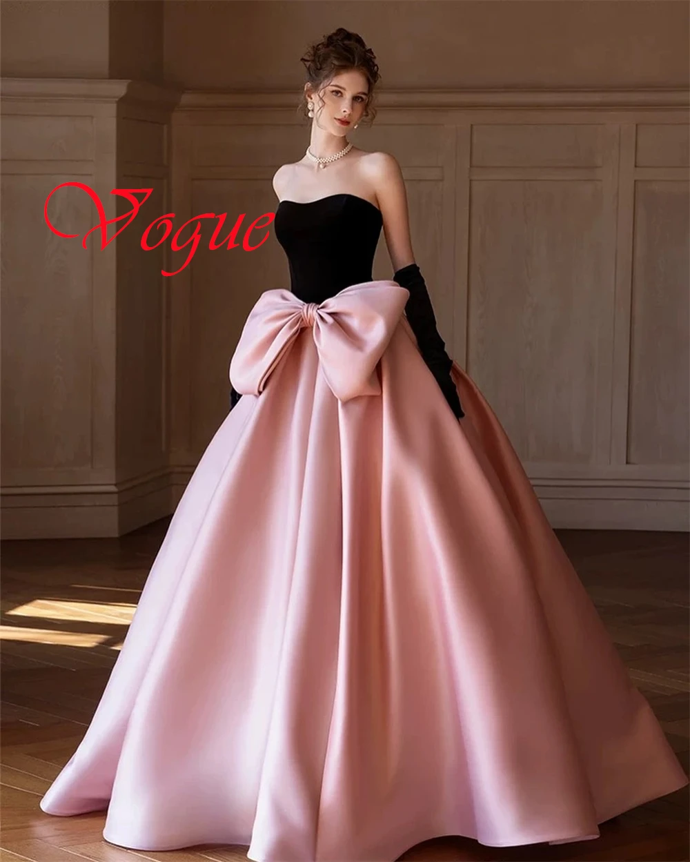 

Customized Temperament Pink Satin Evening Dress Exquisite Strapless Detachable Sleeve Long Sleeves Contrast Color Cocktail Dress