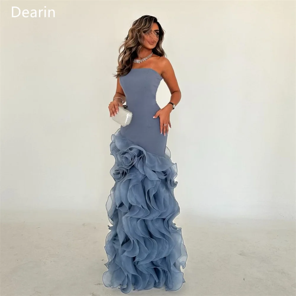 Customized Evening Gown Women Formal Dearin Strapless A-line Floor Length Skirts Tulle Layered Contoured Sleeveless Bespoke Occa