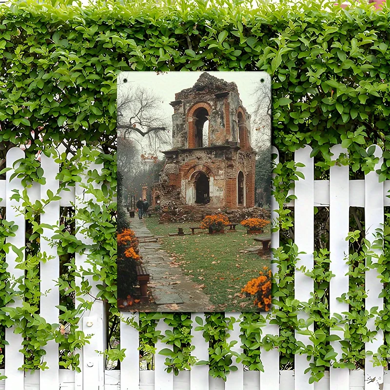 لافتة معدنية عتيقة - أطلال الكنيسة الريفية مع زهور برتقالية للخريف، 8 × 12 بوصة، ملصق آرت ديكو لديكور جدران المنزل والمتجر