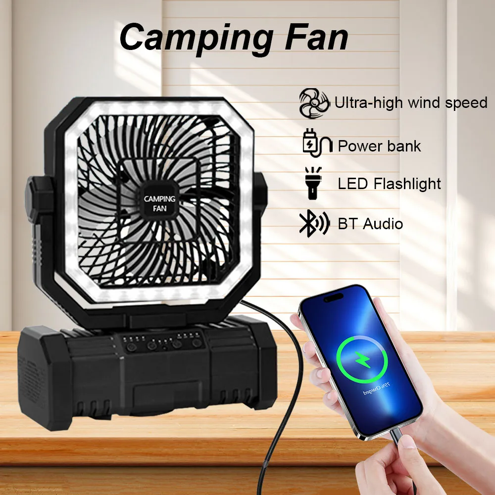 

Вентилятор для кемпинга, 20000 мАч, вентилятор с питанием от аккумулятора, перезаряжаемый со светодиодной подсветкой, портативный уличный вентилятор для палатки с подвесным крючком, 4 скорости ветра