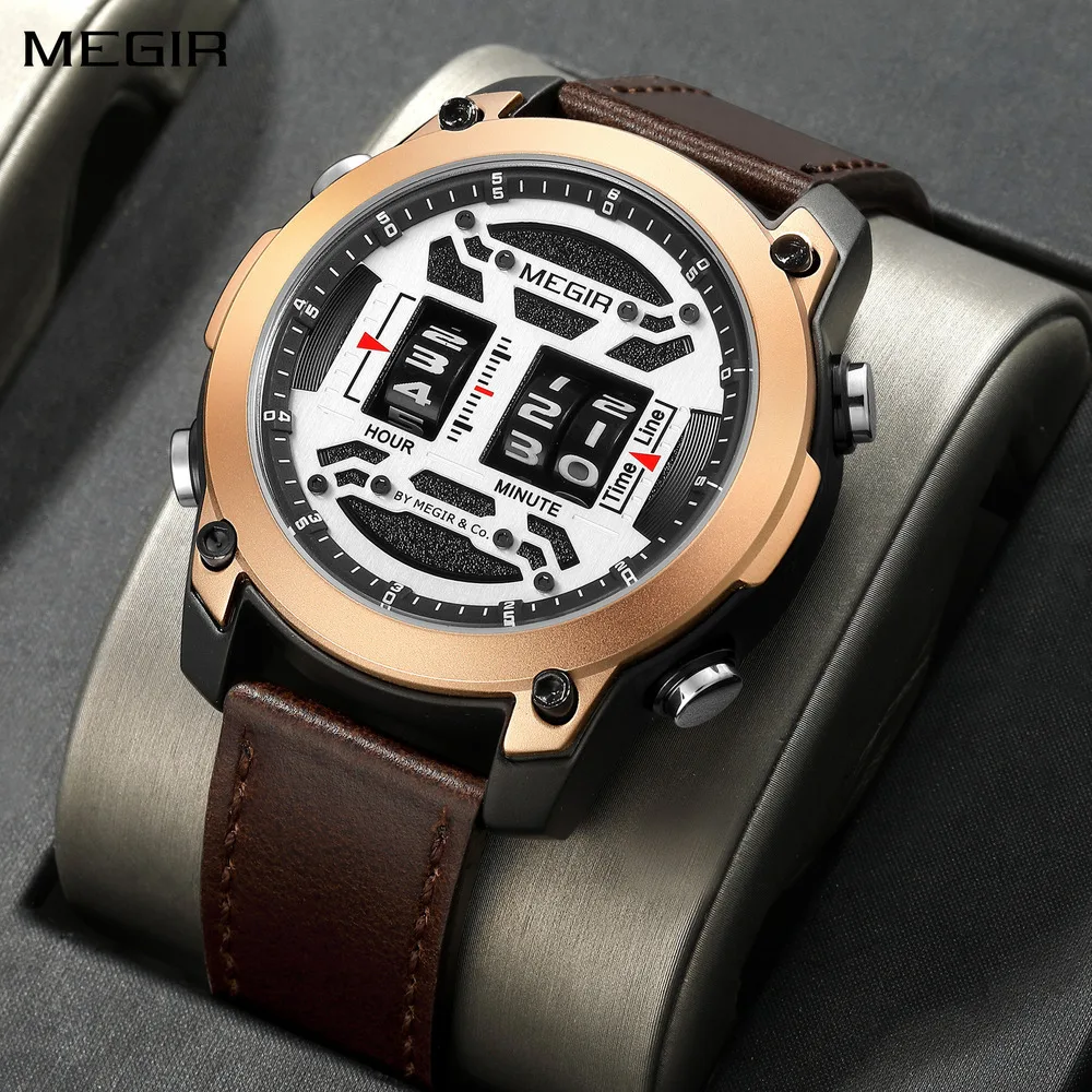 

MEGIR Men's Roller Business Casual Wristwatch Leather Fashion Sports Quartz Watch Chronograph Waterproof Male Clock 2142