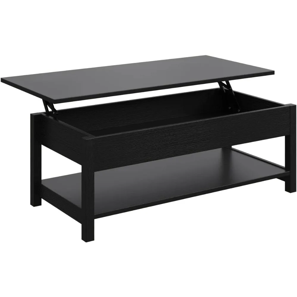 Mesa de centro elevable con compartimento oculto y estante de almacenamiento abierto, mesa de granja elevable, mesa emergente para sala de estar, color negro