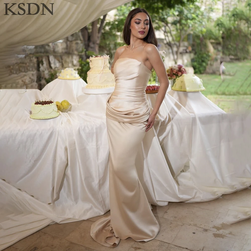 

Special Occasion Evening Dresses Customzied Satin Pretty Women Mermaid Fashion Strapless Sleeveless Chapel Train Dress Vestidos