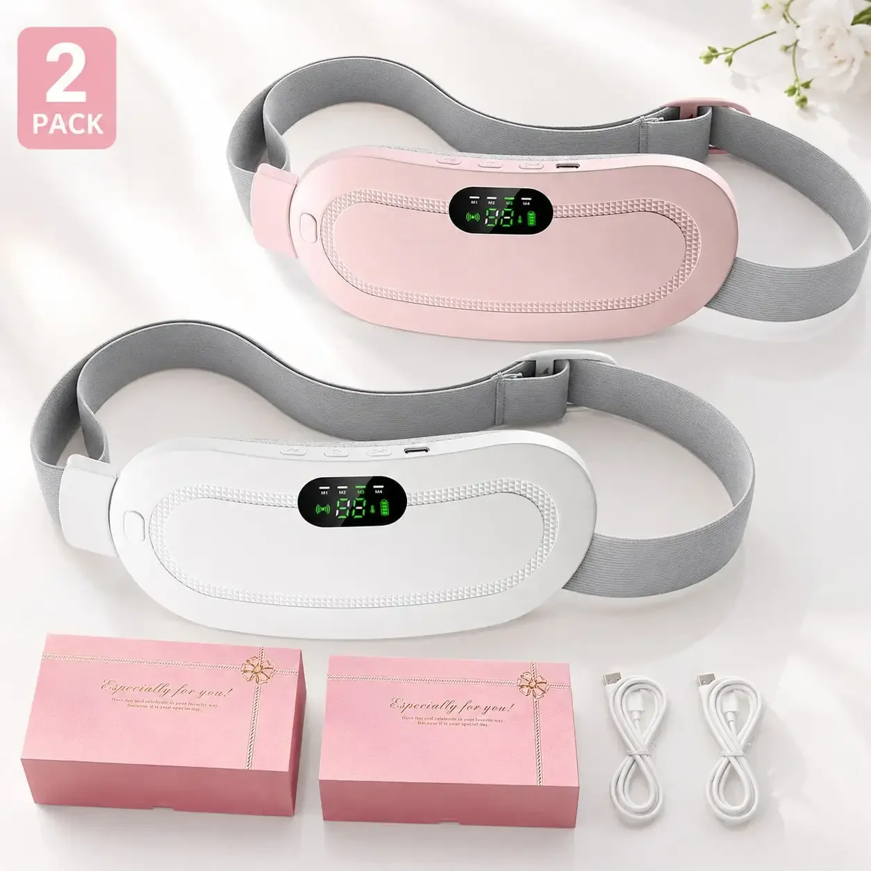 2Pc Pink Menstrual Heating Belt, 4 Massage Modes Cordless Heating Pad, Rechargeable Portable Belly Waist Warmer Women Period Cramps Pain Relief Home Outdoor Use