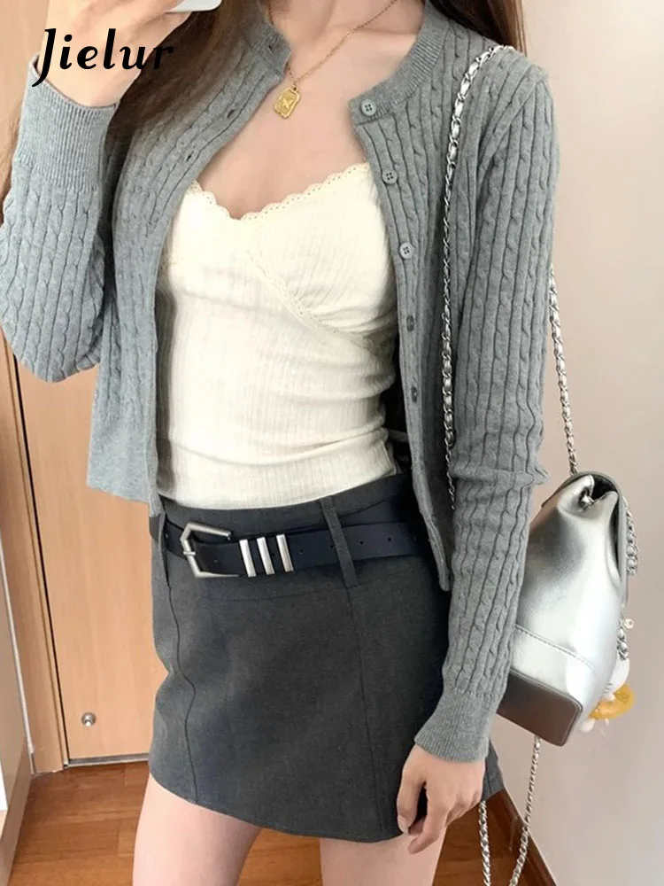 Jielur Autumn New Solid Color Slim Women Cardigan Casual Loose Fashion Cardigan Woman Grey Navy Blue Knitted Sweaters Female