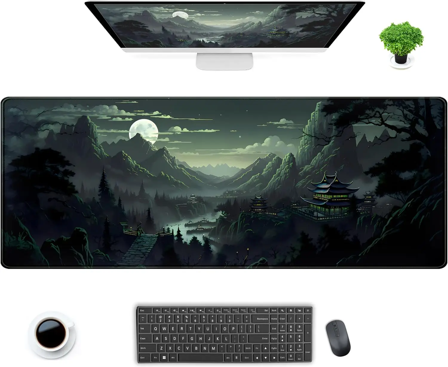 Chinese Moon Night Large Desk Mouse Pad, Misty Mountain Ancient Temple Pavilion Scenery Print, Non‑Slip Mat For Gaming Office