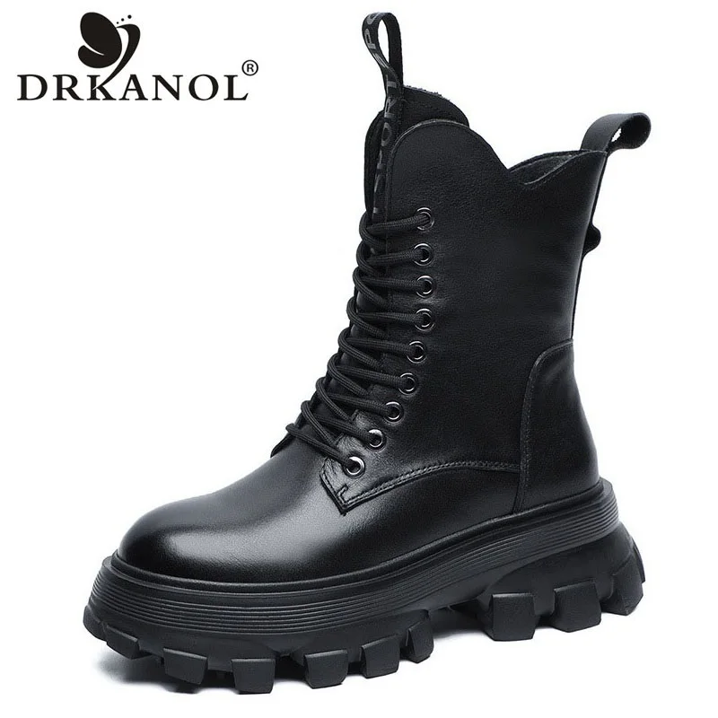 DRKANOL Women Genuine Leather Mid Calf Boots Autumn Winter Platform Height Increasing Wedges Heel Warm Plush Retro Style Boots