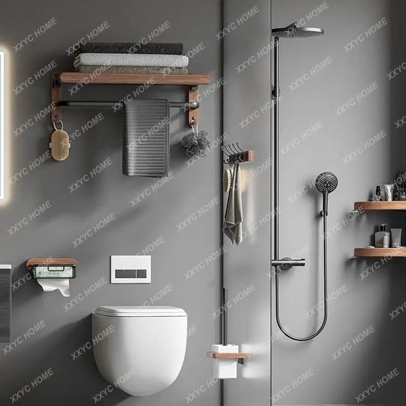 

Shelving Light Luxury Towel Rack Perforated Wall Hanging Toilet Washroom Walnut Corner Rack Shower Room Shelf