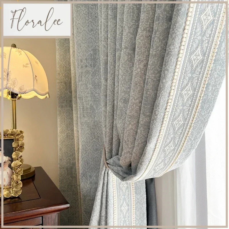 

French Retro Dark Texture Chenille Grey Blue Lace Splicing Curtains For Bedroom Living Room French Window Balcony Customized