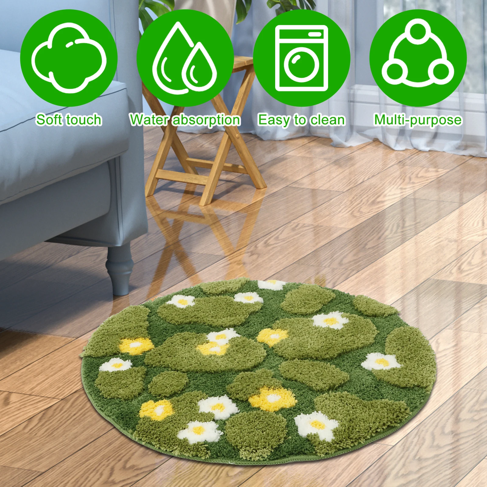 Cute Moss Bath Mat Microfiber Floral Pattern Bathroom Rug Diameter 60/80 CM Round Nonslip Carpet for Living Room Bathroom Floor
