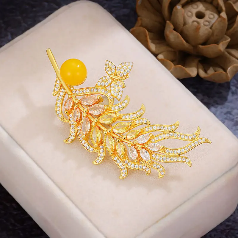 luxury brooch yellow crystal wheat ear brooches for women exquisite yellow beeswax Feather broche cheongsam Hanfu accessory gift view 3