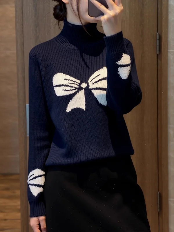 

Thick Long Sleeve Knot Design Sweater Warm Casual Atmosphere Knitted Winter Women's Fashion Soft Polyester Blend