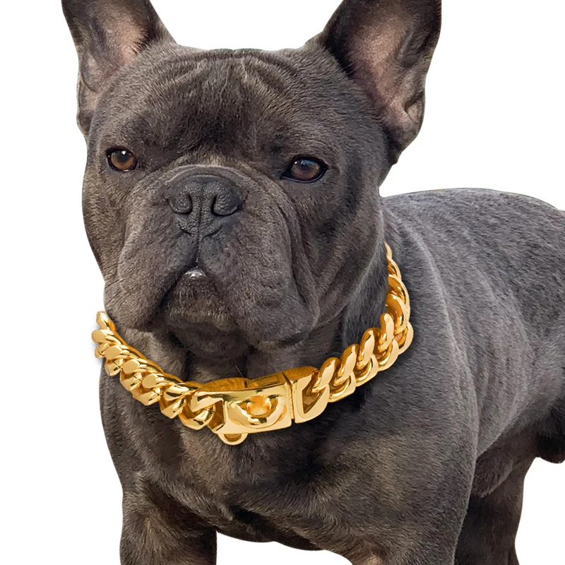 Strong Gold Dog Collar Stainless Steel Cuban Link Chain 14mm Wide Metal Pet Necklace for Small Medium Large Dog Collar Product