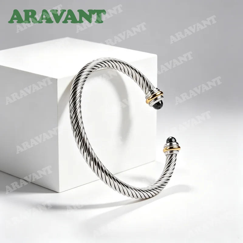 ARAVANT 925 Silver 5mm Thread Zircon Open Cuff Bracelets Bangles For Women Girls Fashion Jewelry