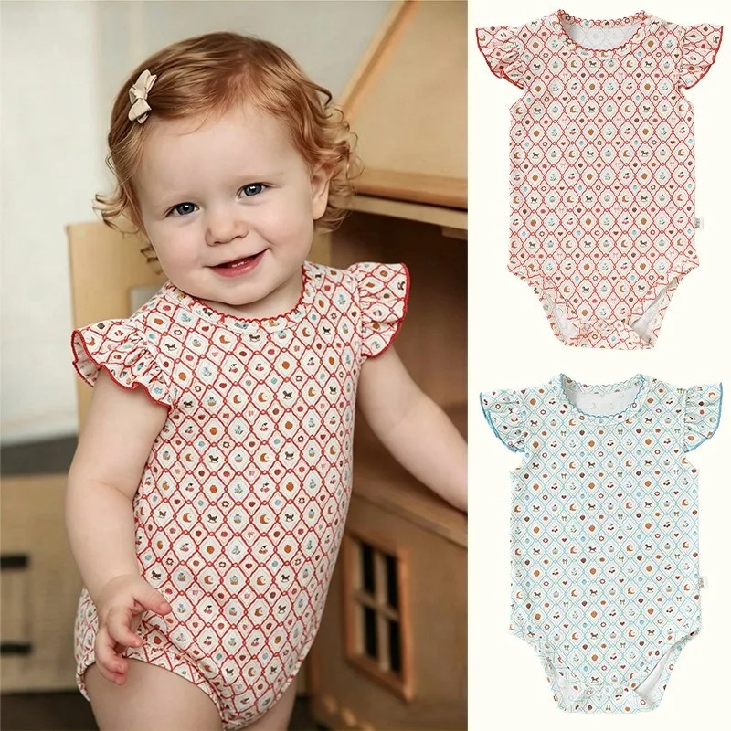 New Summer Infant Baby Girls Cotton Print Flying Sleeve Bodysuit Jumpsuit Toddler Outfit Comfortable Breathable Daily Wear
