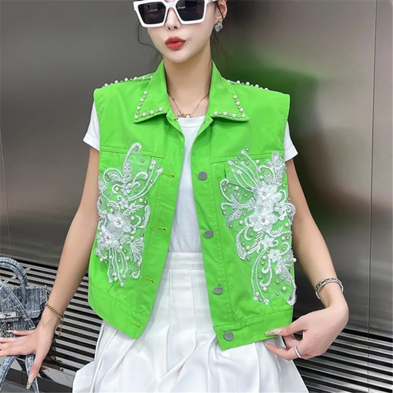 

Summer Women Fashion Pearl Beaded Flowers Green Short Jeans Vest Casual Lapel Single-breasted Sleeveless Denim Waistcoat Female