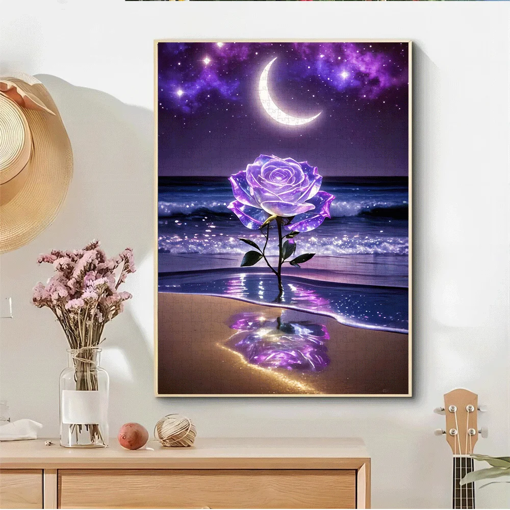 1000pcs Jigsaw Puzzle for Adults - Enchanting Night Beach Rose with Purple Petals, Shimmering Stars & Moonlight Reflections -
