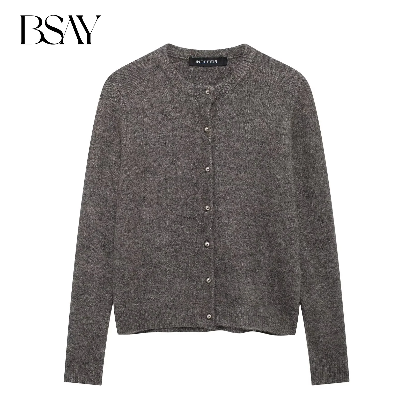 

BSAY Metal Button Knitted Cardigan Sweater Coat for Women Fashion Autumn Winter Long Sleeves Single Breasted O-neck Top Jacket