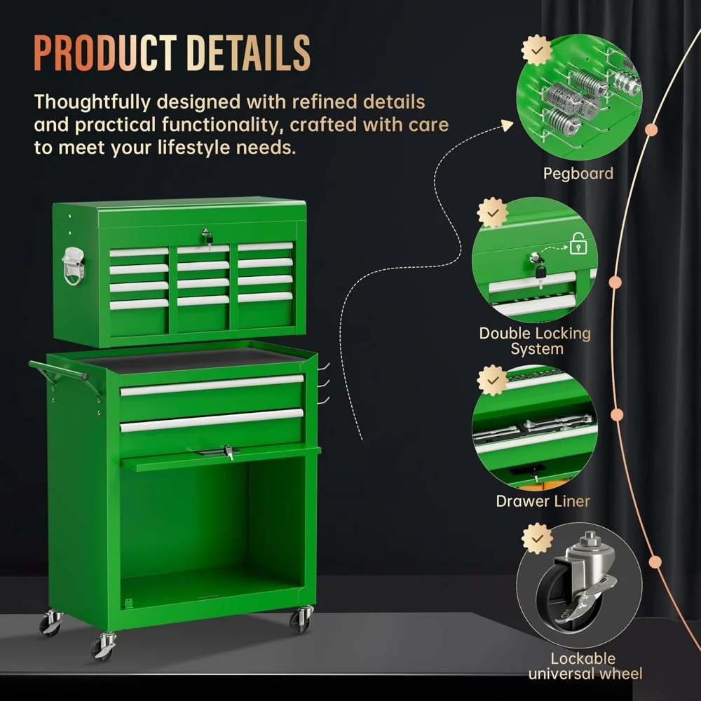 8 Drawer Tool Chest with Wheels, 2-in-1 Detachable Rolling Tool Box with Drawers, Large Tool Cart on Lockable Wheels