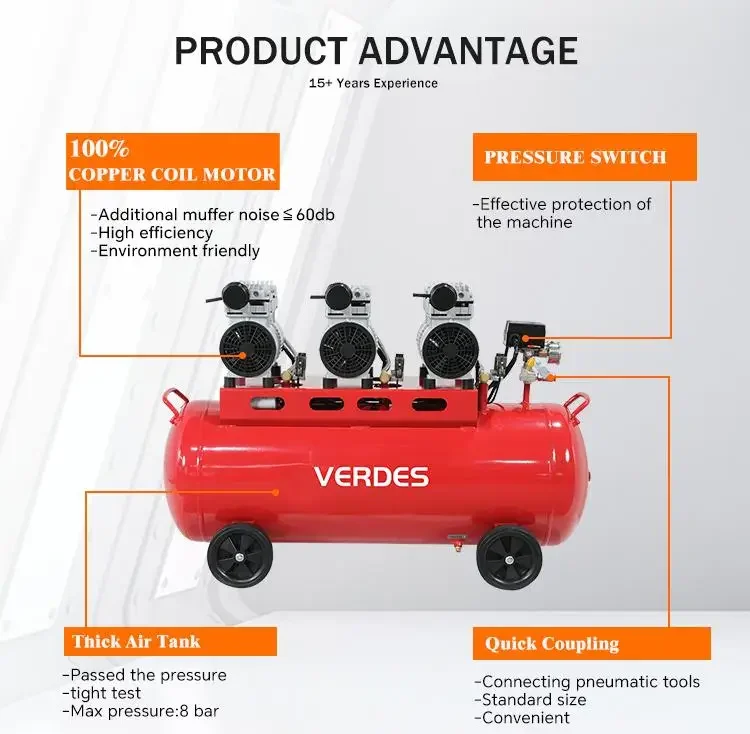 100L 120L 180L 550W 750W 1.1kw portátil silencioso compressor de ar tipo pistão compressor de ar livre de óleo para cadeira 110 220V