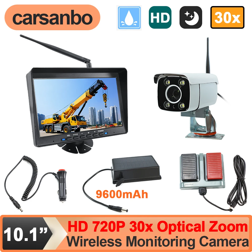 

Carsanbo 10.1" HD Digital Screen with Tower Crane Wireless Monitoring Camera 720P 30x Optical Zoom 9600mAh Battery 50-100m Range