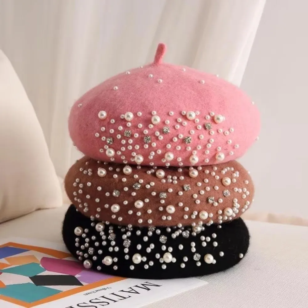 

Versatile Pearl Wool Beret Hat Autumn Winter British Style Women's Pumpkin Hat Rhinestone Multi Colored Painter Hat