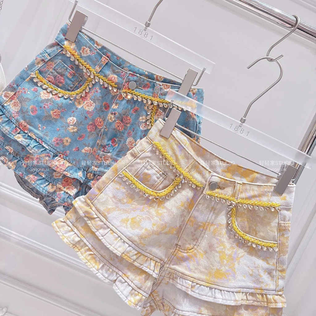 Fashion Diamond Rose Denim Shorts Women's 2025 Summer High-waist Pocket Decoration A-line Shorts Wide-leg Denim Hot Short Pants
