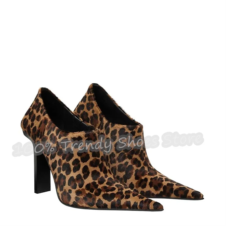 Sexy Leopard Print Pointed Toe High Heels Ankle Boots Women High Top Slip-On Party Dress Shoes Outside Mules Plus Size 35-42