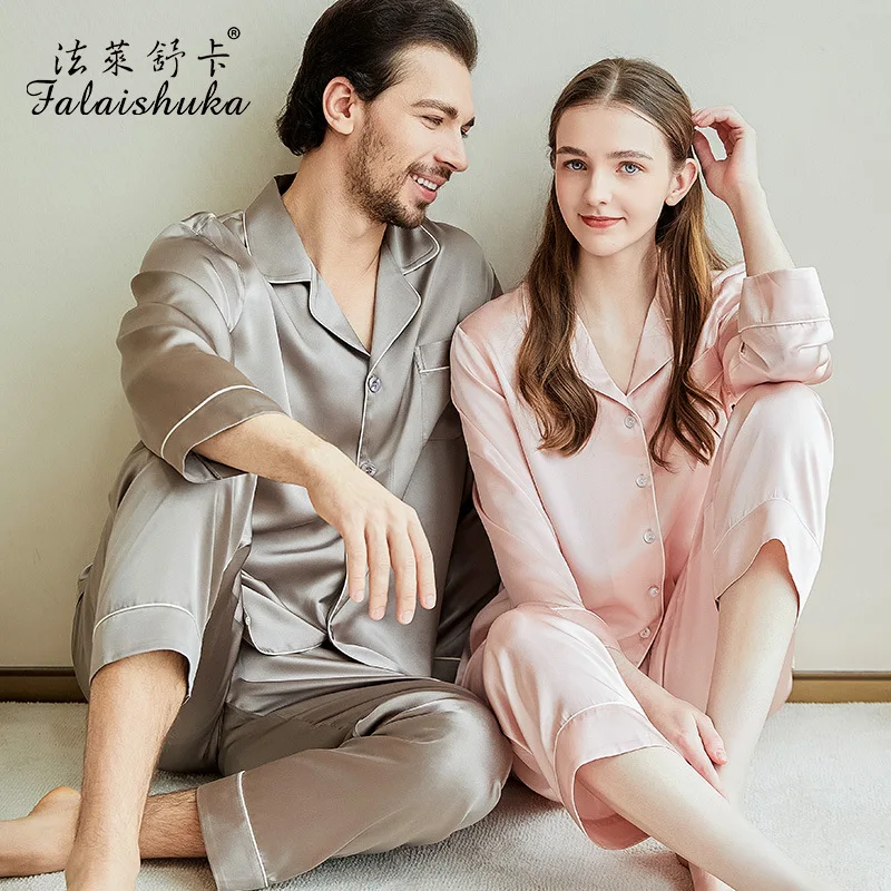 19 momme 100% silk sleepwear women men pajamas sets Couples wedding pure color birthday pyjamas set pijama hombre T8718QL