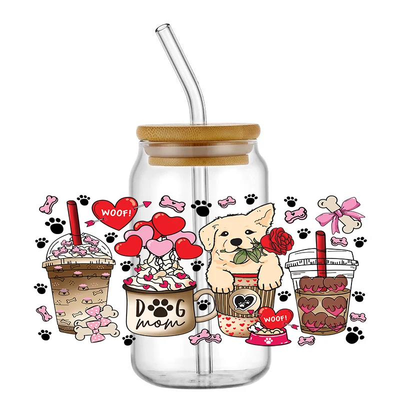 Easy peel waterproof DIY Decals Cute Dog 3D transfers uvdtf crystal sticker 16oz uv dtf cup wraps for Libbey Glasses