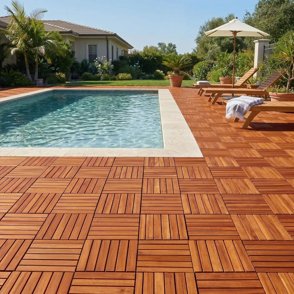 Interlocking Deck Tiles 12x12, Acacia Wood Patio Tiles, Waterproof Flooring for Indoor/Outdoor, Non-Slip, Easy Install, 9 Pcs - 9 Sq Ft