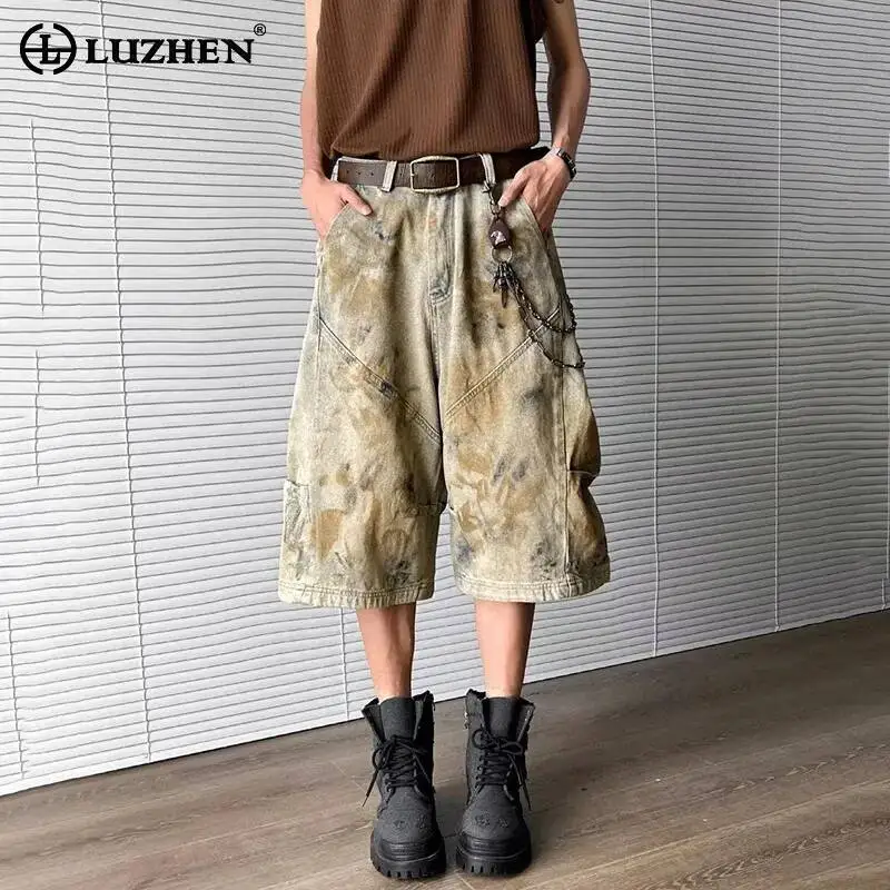 LUZHEN 2026 Summer Original Wornout Printed Multi Pockets Straight Denim Cropped Pants Men's Trendy Street Cargo Shorts JY7874