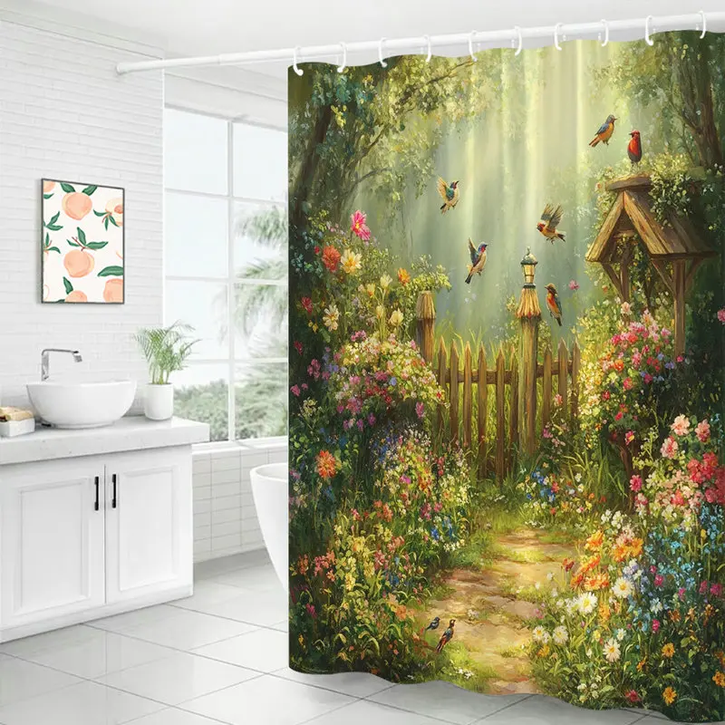 1pc a Spring-Themed Shower Curtain Featuring Delightful Birds And Vibrant Flowers, Made from Polyester Fabric, Perfect for Bathr